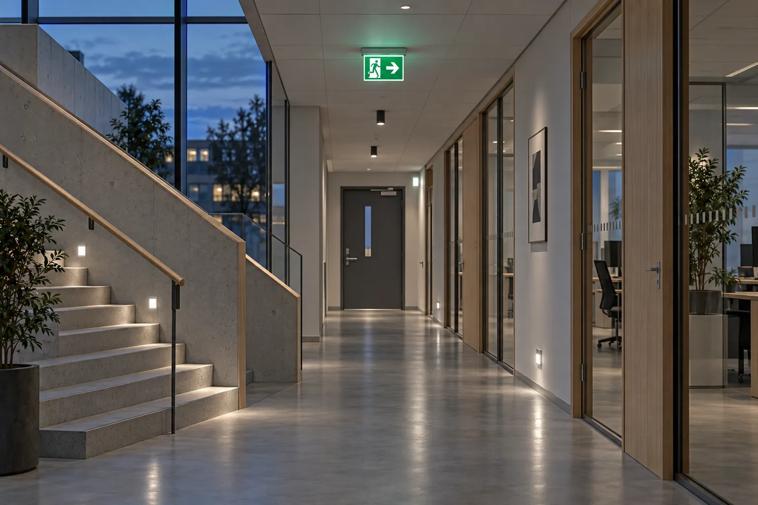 Tänd nödbelysning och utrymningsskylt i ett modernt trapphus
