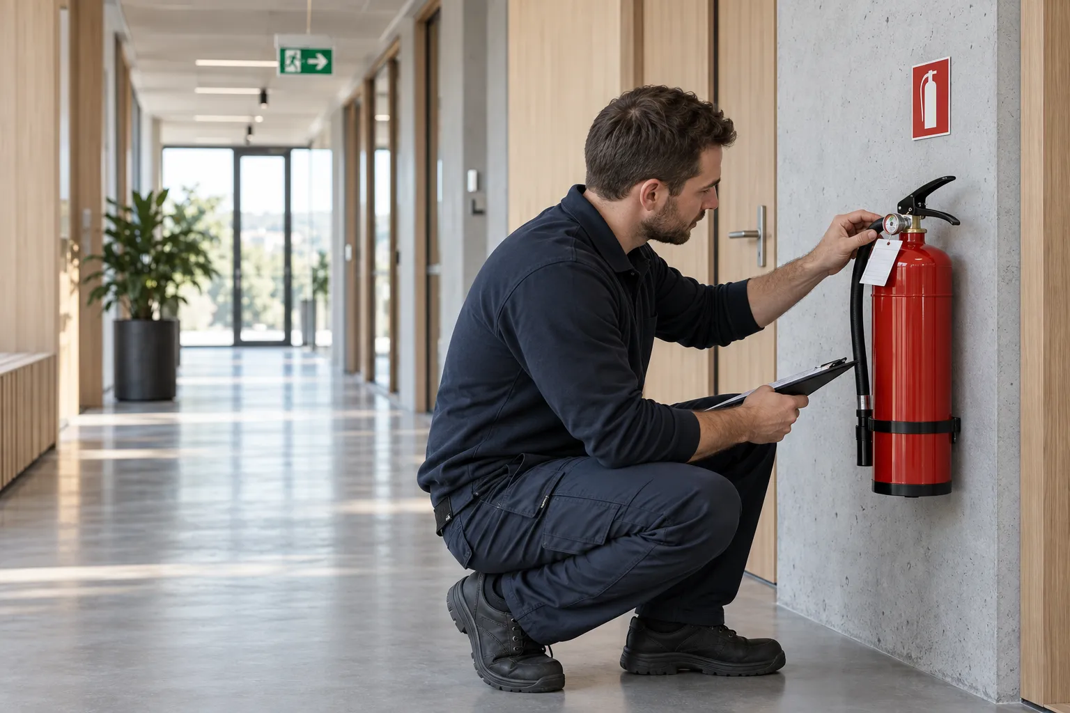 Brandsäkerhetstekniker kontrollerar tryck och märkning på en brandsläckare