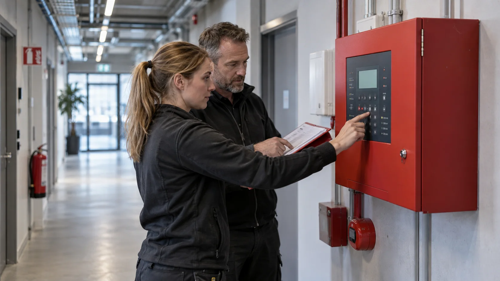 Anläggningsskötare kontrollerar brandlarmscentralen tillsammans med en instruktör